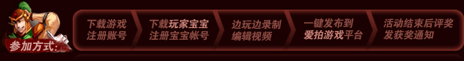 参加方式：1.下载游戏注册账号,2下载玩家宝宝注册宝宝帐号,3.边玩边录制编辑视频,4.一键发布到爱拍游戏平台,5.活动结束后评奖发获奖通知